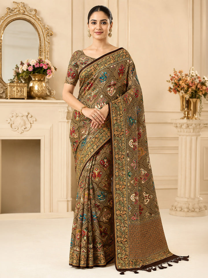 Brown Printed Art Silk Saree
