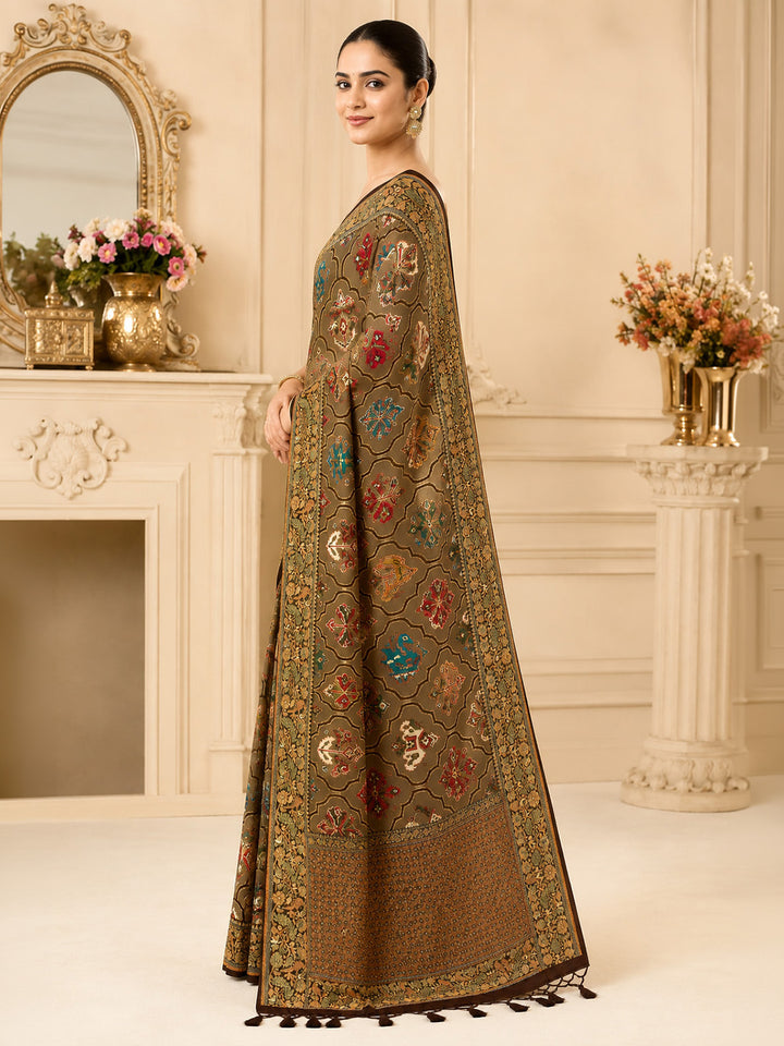 Brown Printed Art Silk Saree