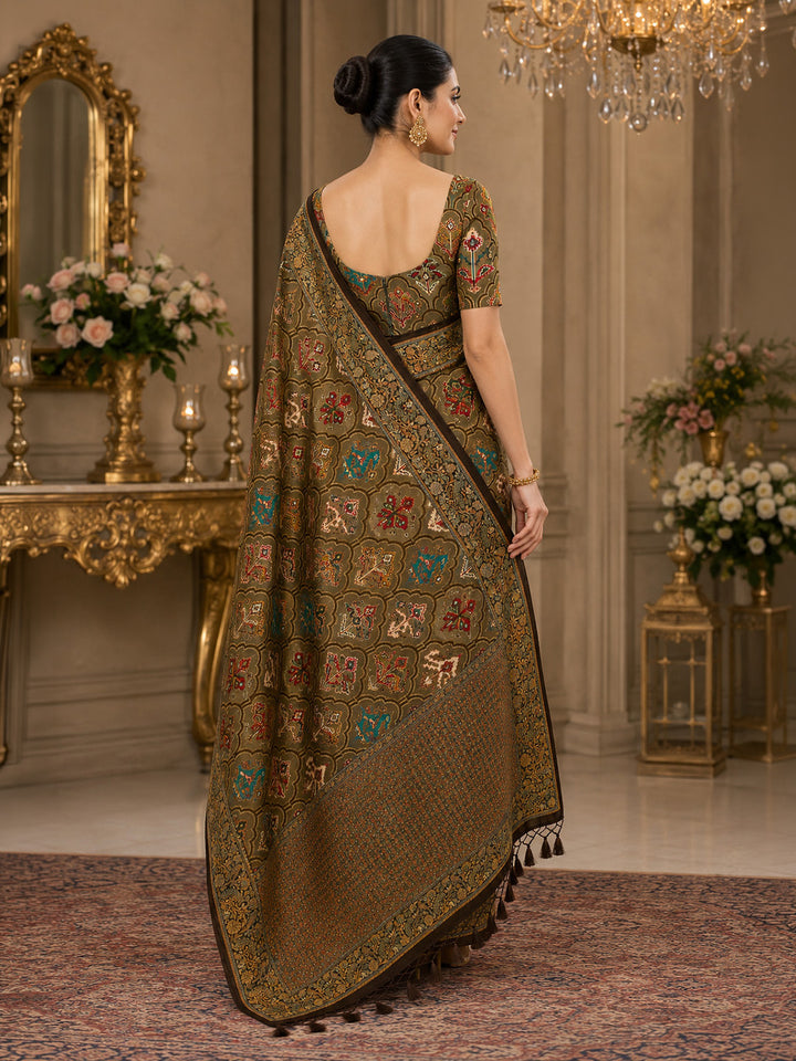Brown Printed Art Silk Saree