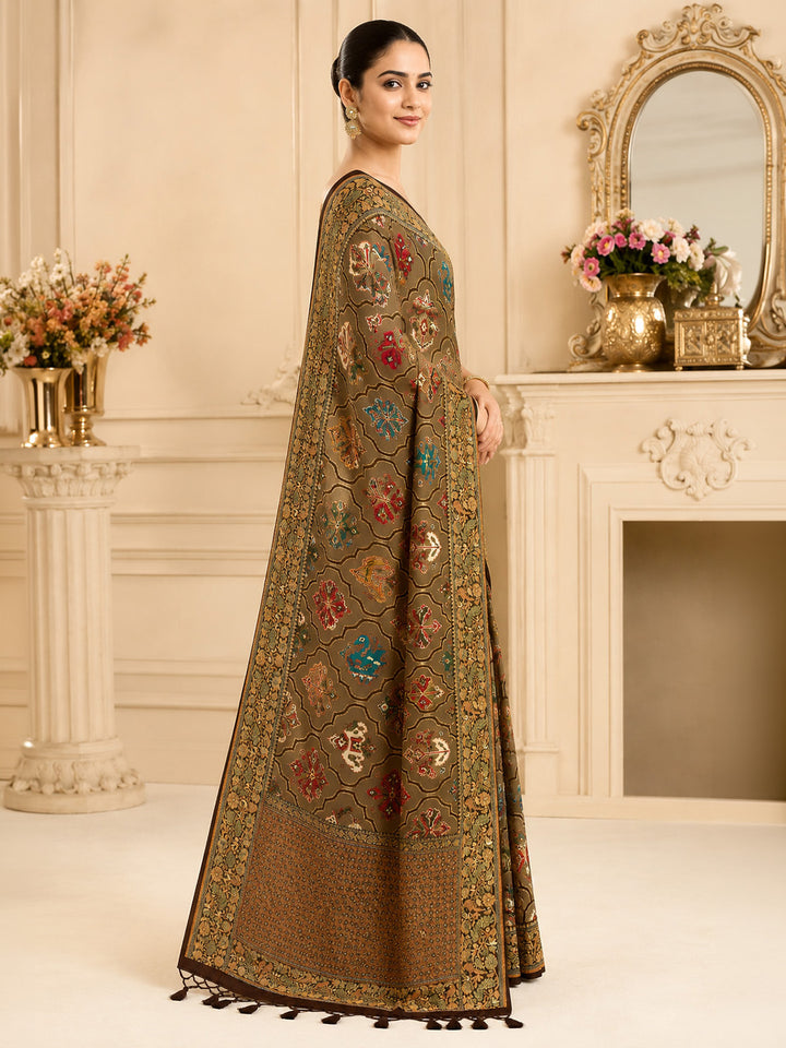 Brown Printed Art Silk Saree