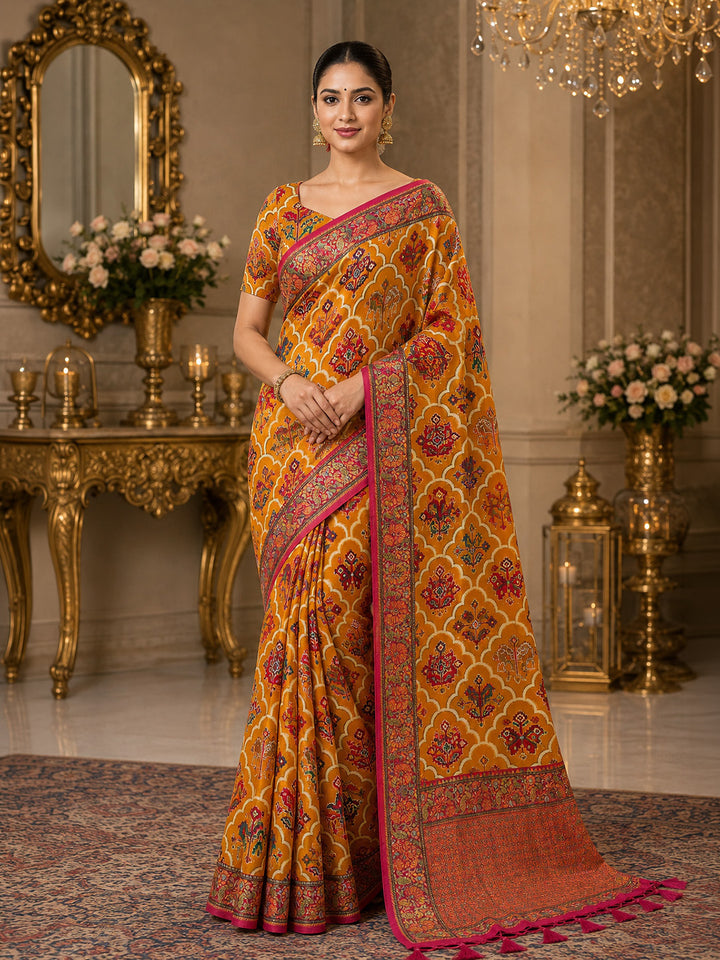 Mustard Printed Art Silk Saree