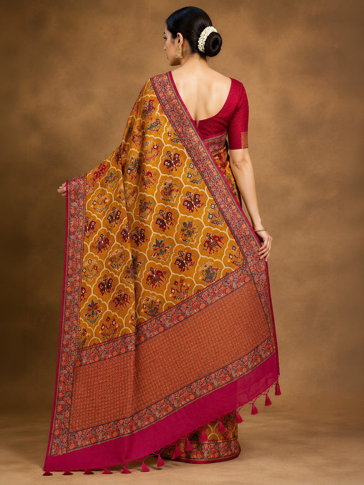 Mustard Printed Art Silk Saree