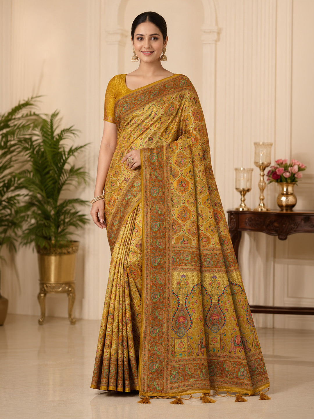 Mustard Printed Art Silk Saree
