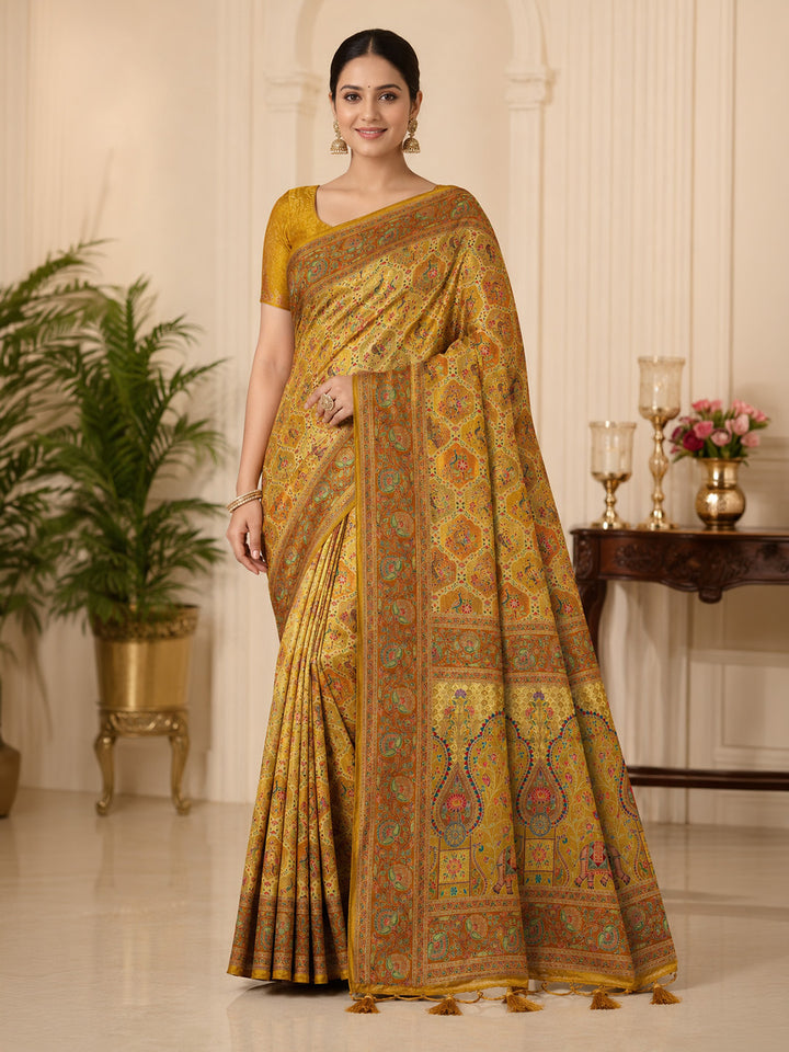 Mustard Printed Art Silk Saree