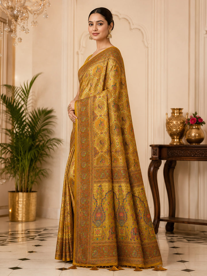 Mustard Printed Art Silk Saree