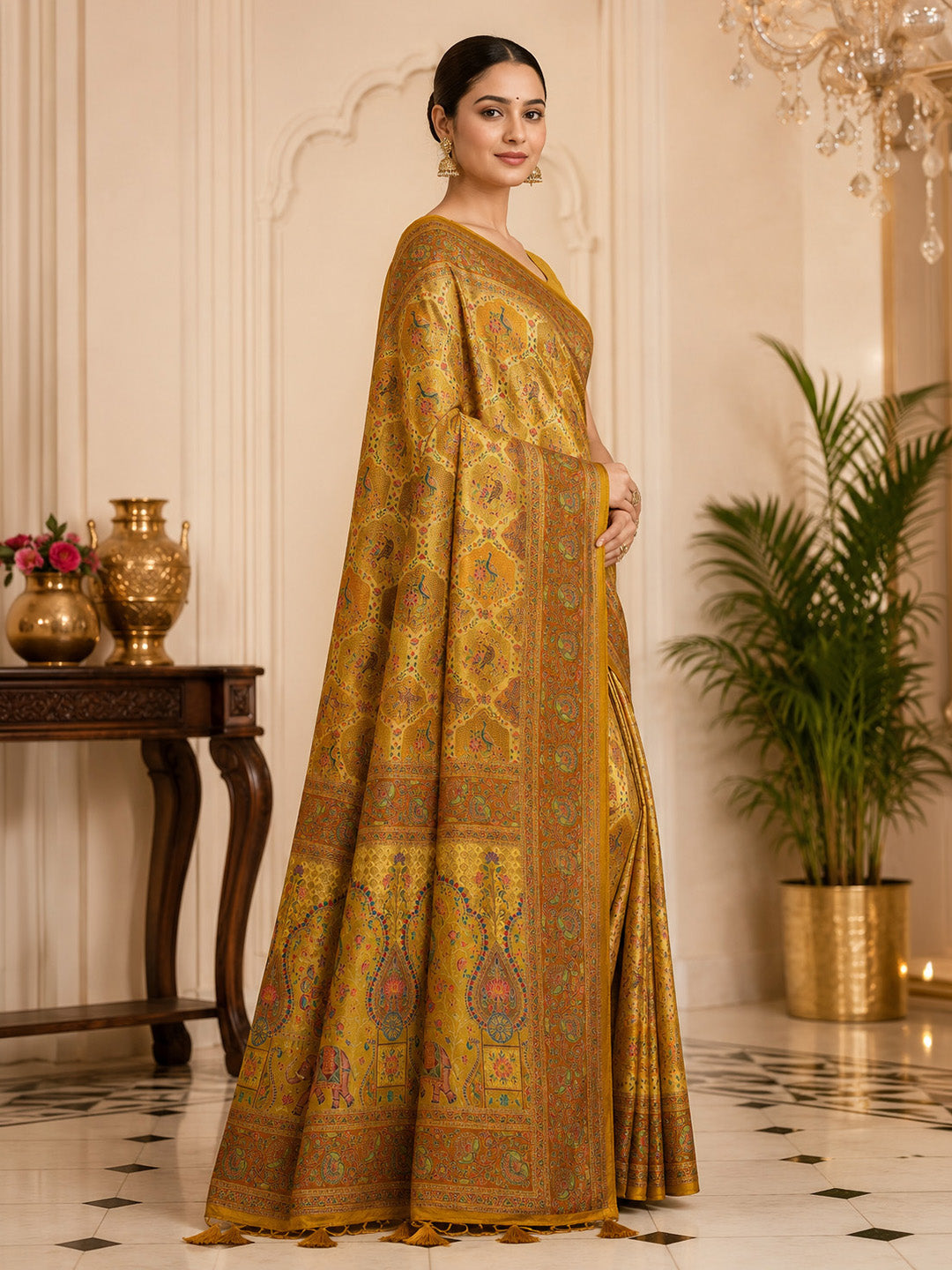 Mustard Printed Art Silk Saree