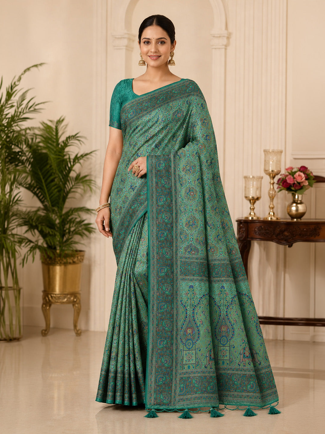 Sea Green Printed Art Silk Saree