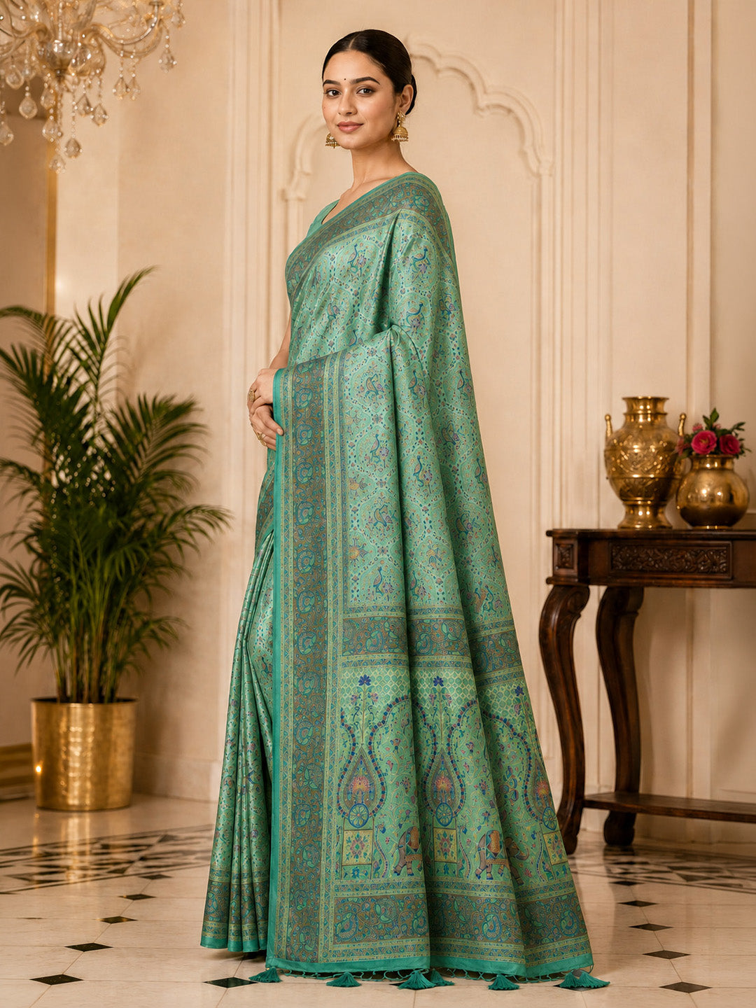 Sea Green Printed Art Silk Saree