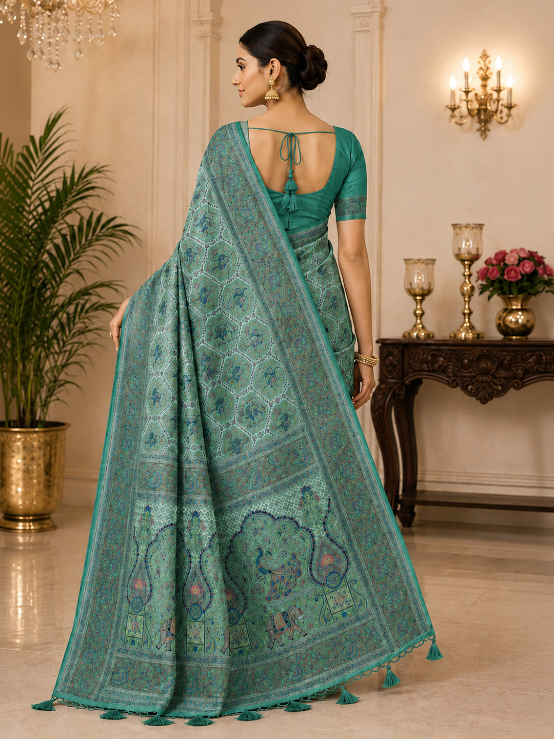 Sea Green Printed Art Silk Saree