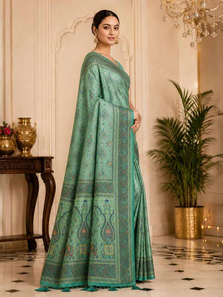 Sea Green Printed Art Silk Saree