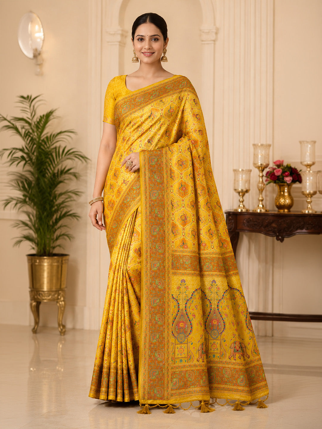 Yellow Printed Art Silk Saree