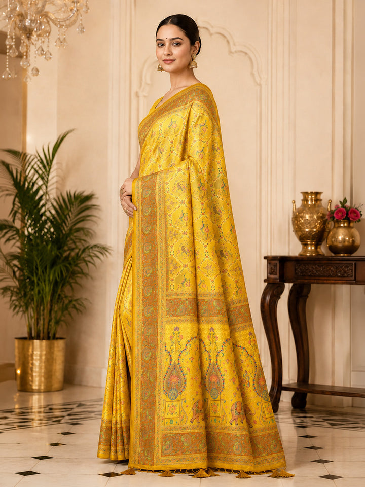Yellow Printed Art Silk Saree