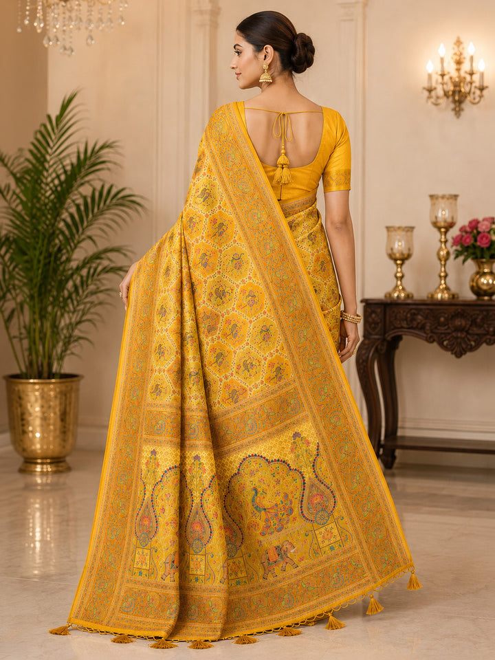 Yellow Printed Art Silk Saree