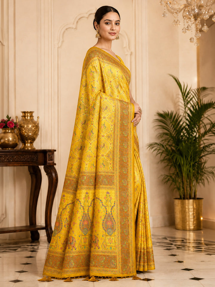 Yellow Printed Art Silk Saree