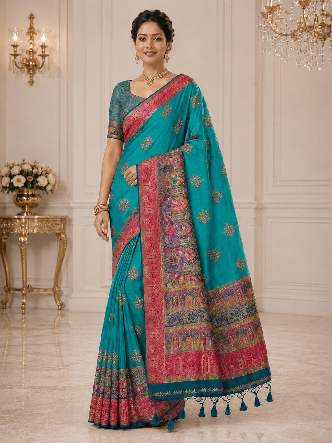 Blue Embroidered Art Silk Saree