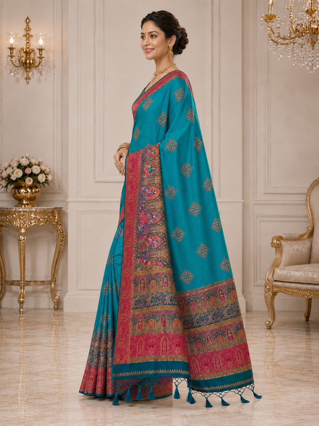 Blue Embroidered Art Silk Saree