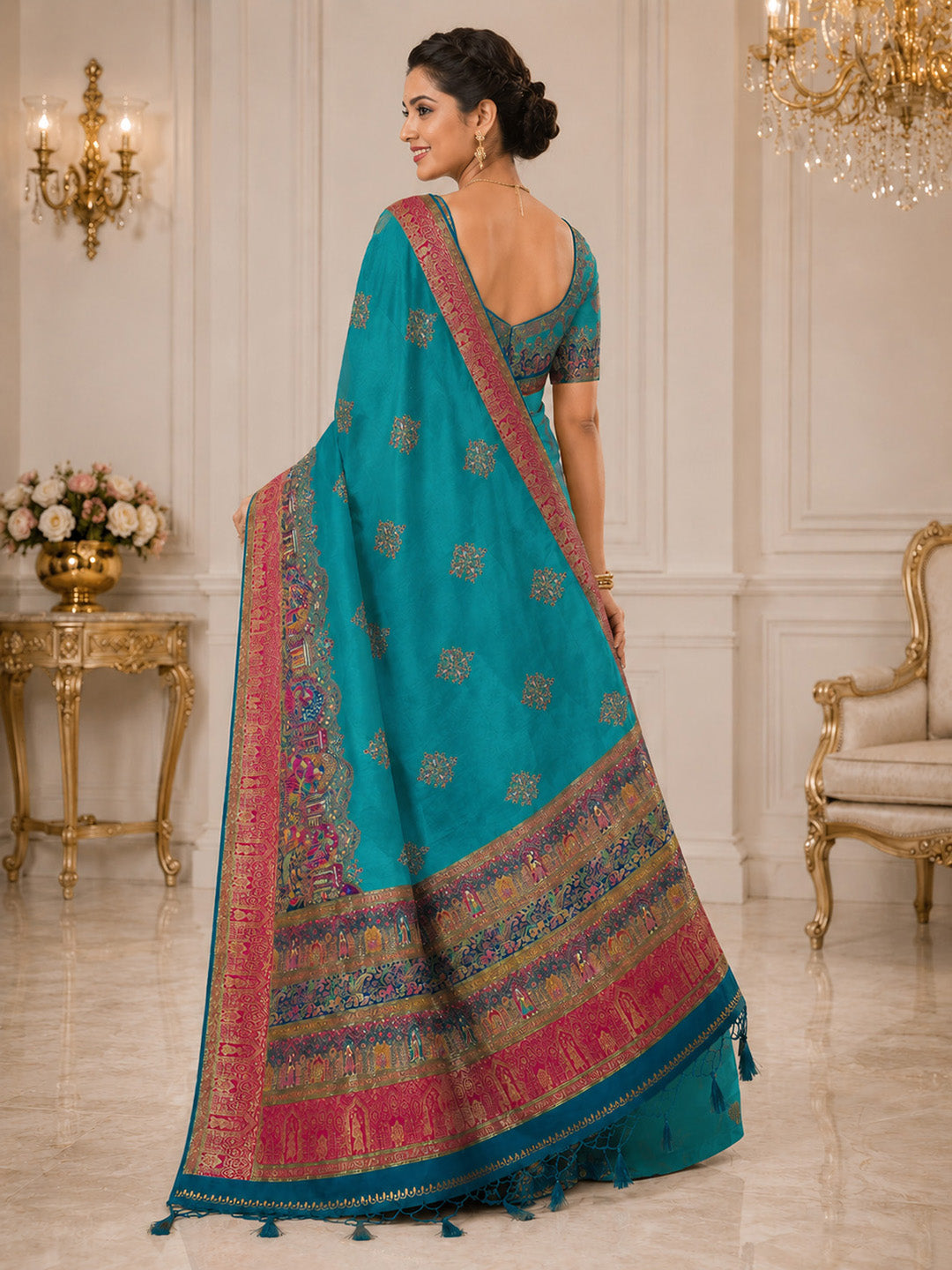 Blue Embroidered Art Silk Saree
