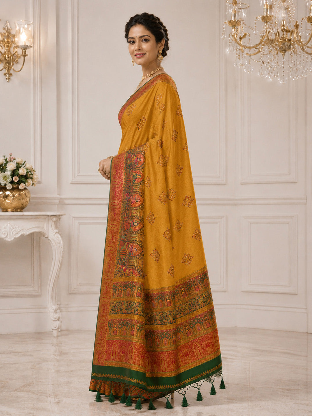Mustard Embroidered Art Silk Saree