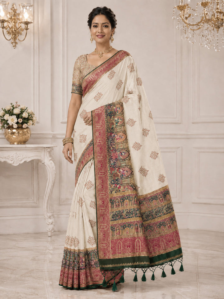 Off White Embroidered Art Silk Saree