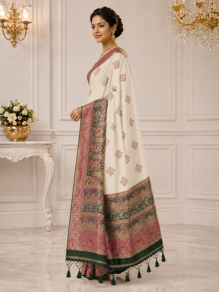 Off White Embroidered Art Silk Saree
