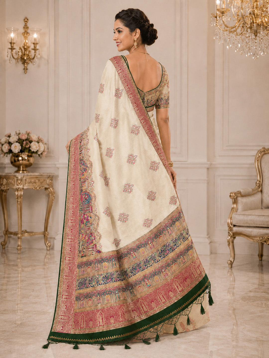Off White Embroidered Art Silk Saree