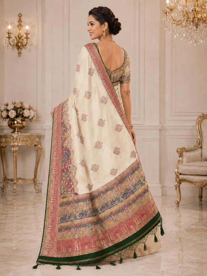Off White Embroidered Art Silk Saree