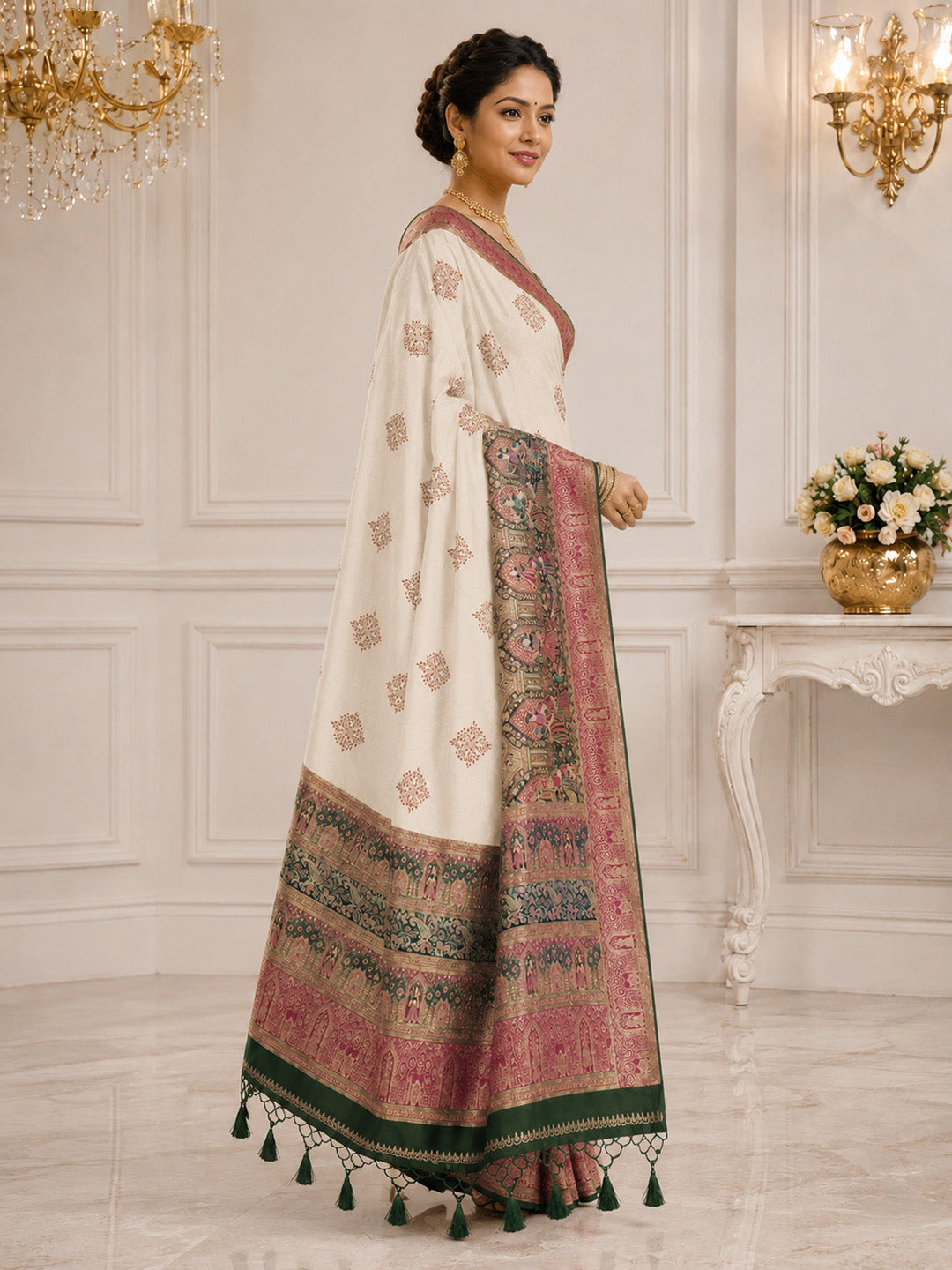 Off White Embroidered Art Silk Saree