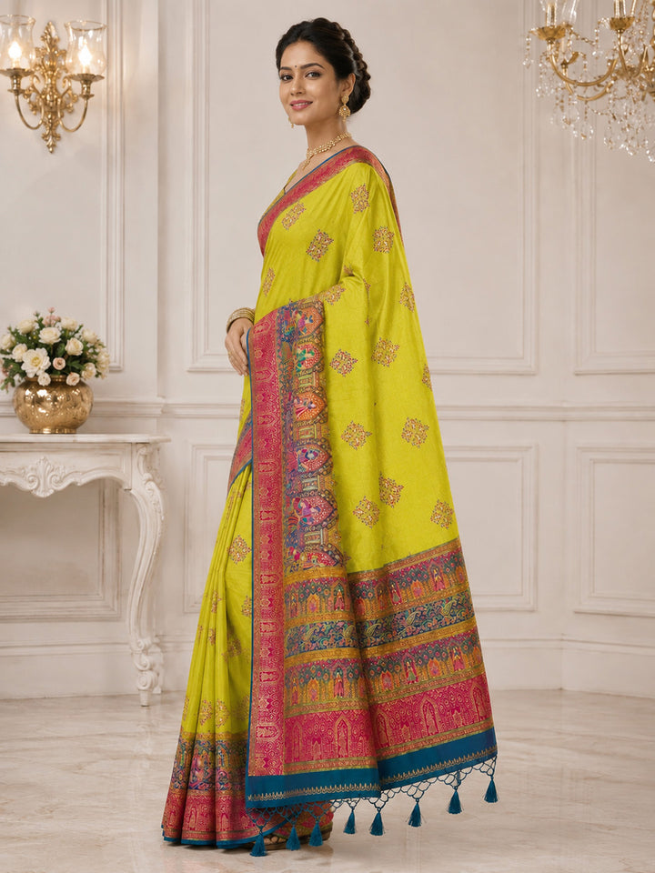 Olive Green Embroidered Art Silk Saree