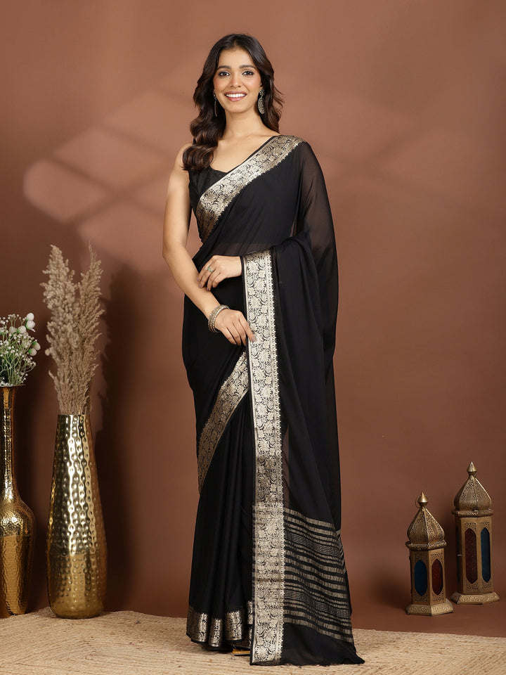Black Zari Work Chiffon Saree