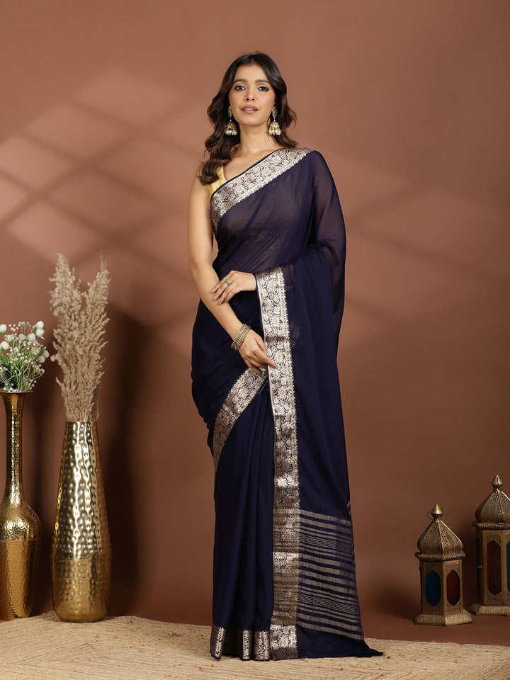 Navy Blue Zari Work Chiffon Saree