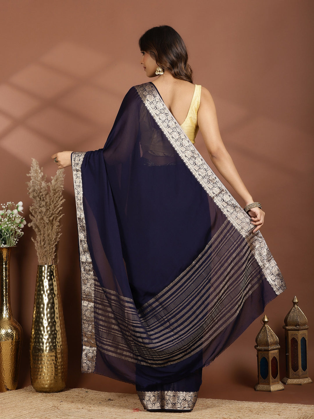 Navy Blue Zari Work Chiffon Saree