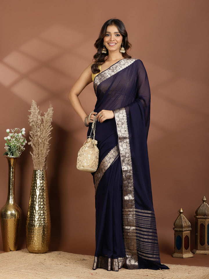 Navy Blue Zari Work Chiffon Saree