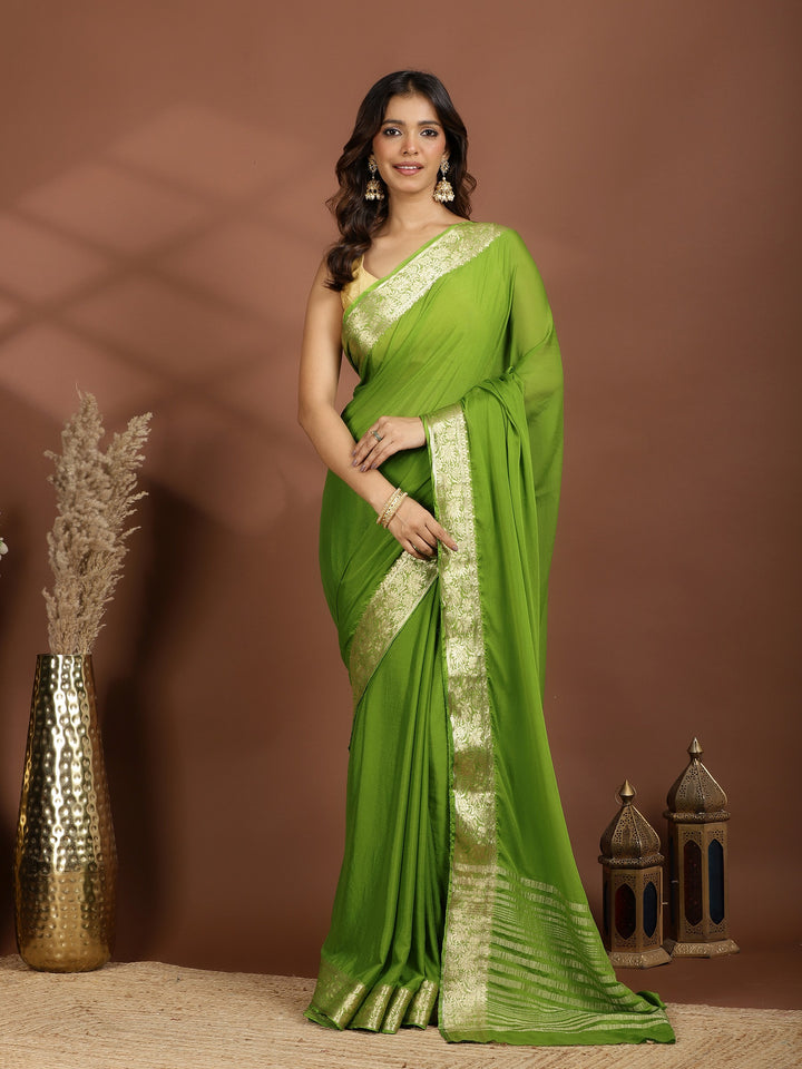 Pista Green Zari Work Chiffon Saree