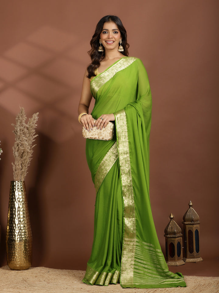 Pista Green Zari Work Chiffon Saree