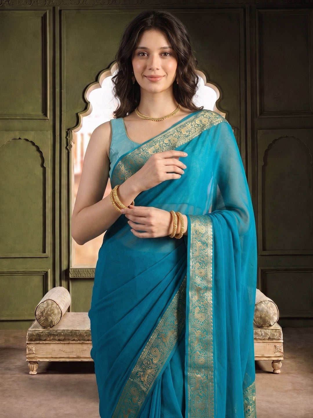 Firozee Plain Chiffon Saree