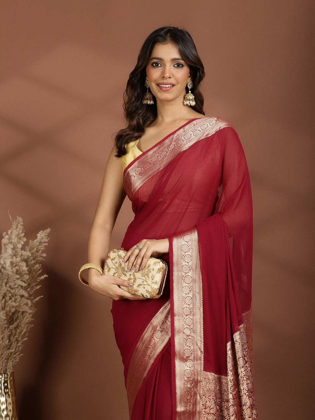Magenta Zari Work Chiffon Saree