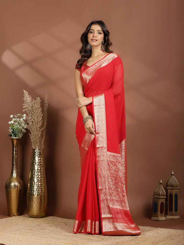 Red Zari Work Chiffon Saree