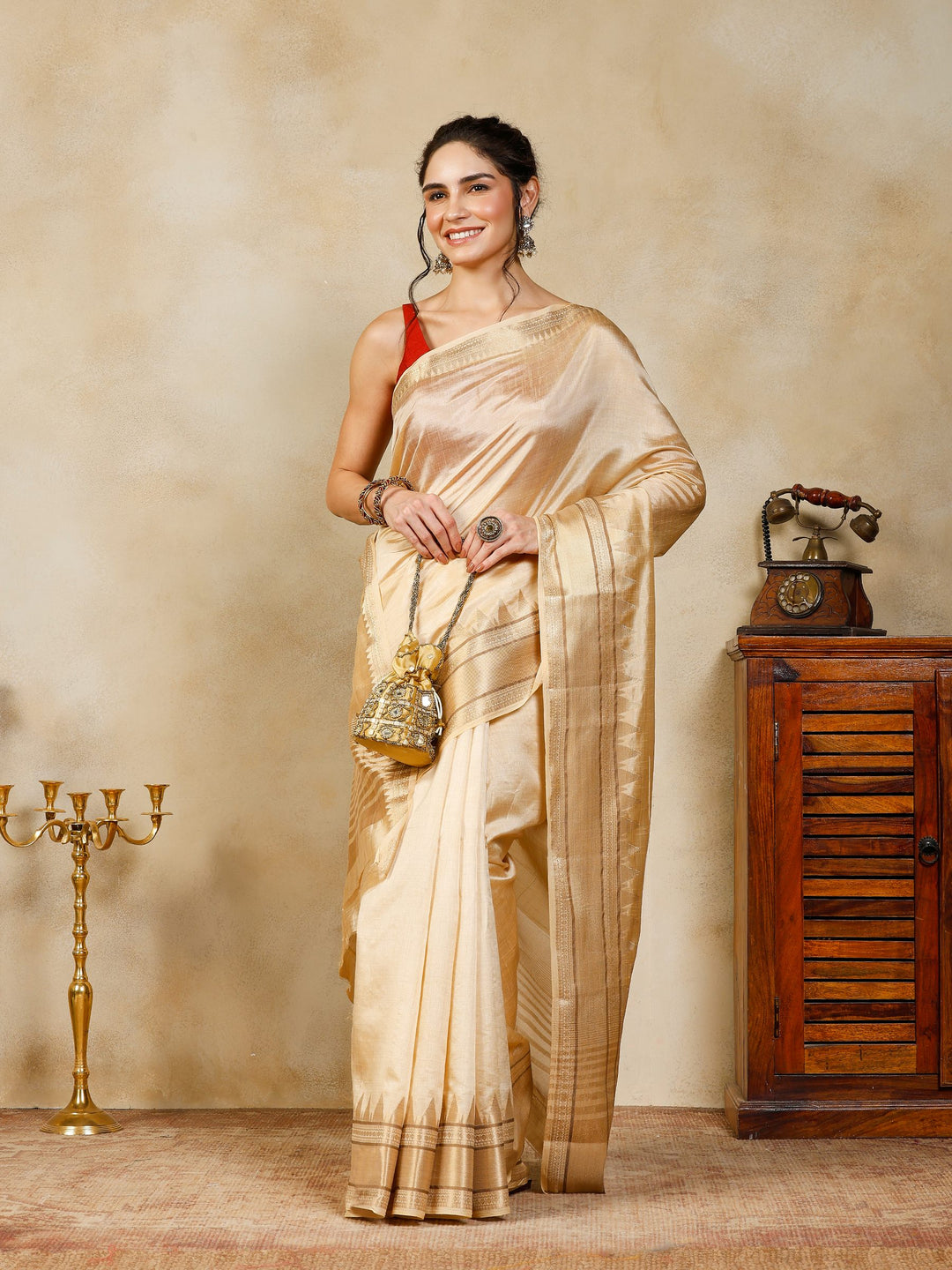 Beige Woven Design Art Silk Saree