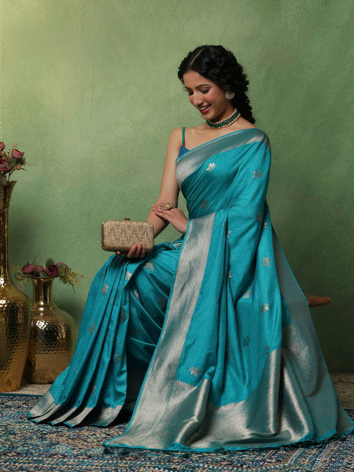Lake Blue Woven Design Art Silk Saree