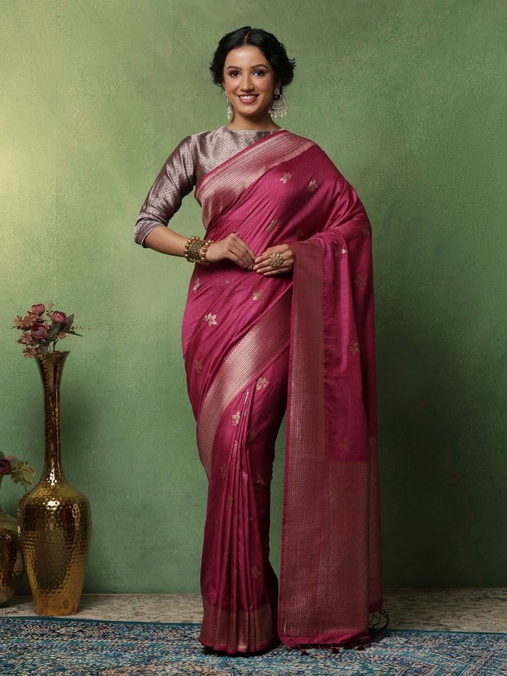 Magenta Woven Design Art Silk Saree