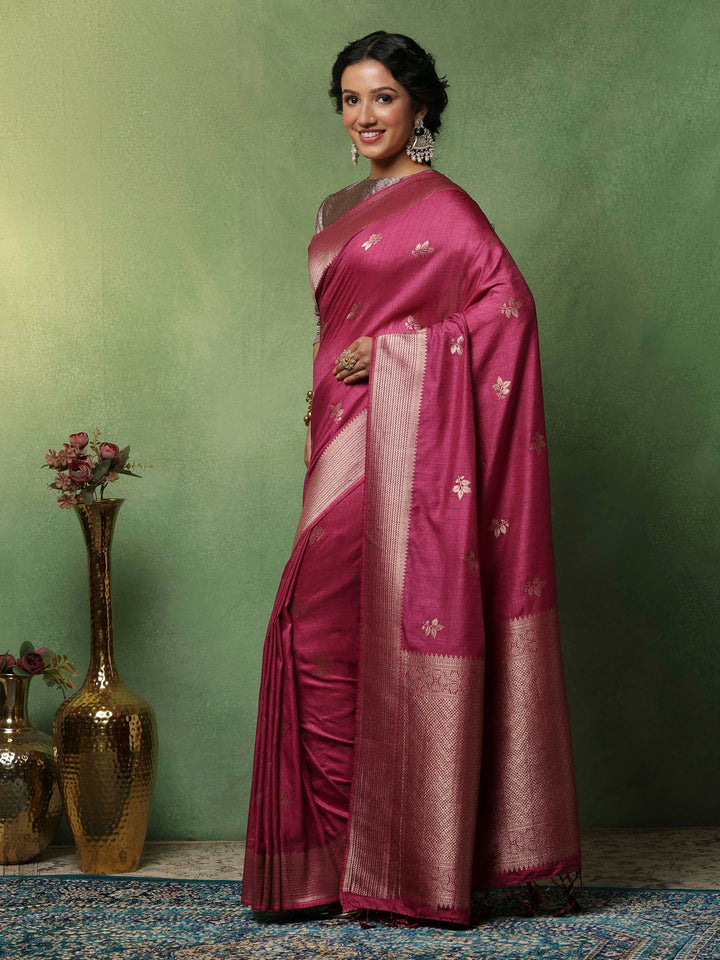Magenta Woven Design Art Silk Saree