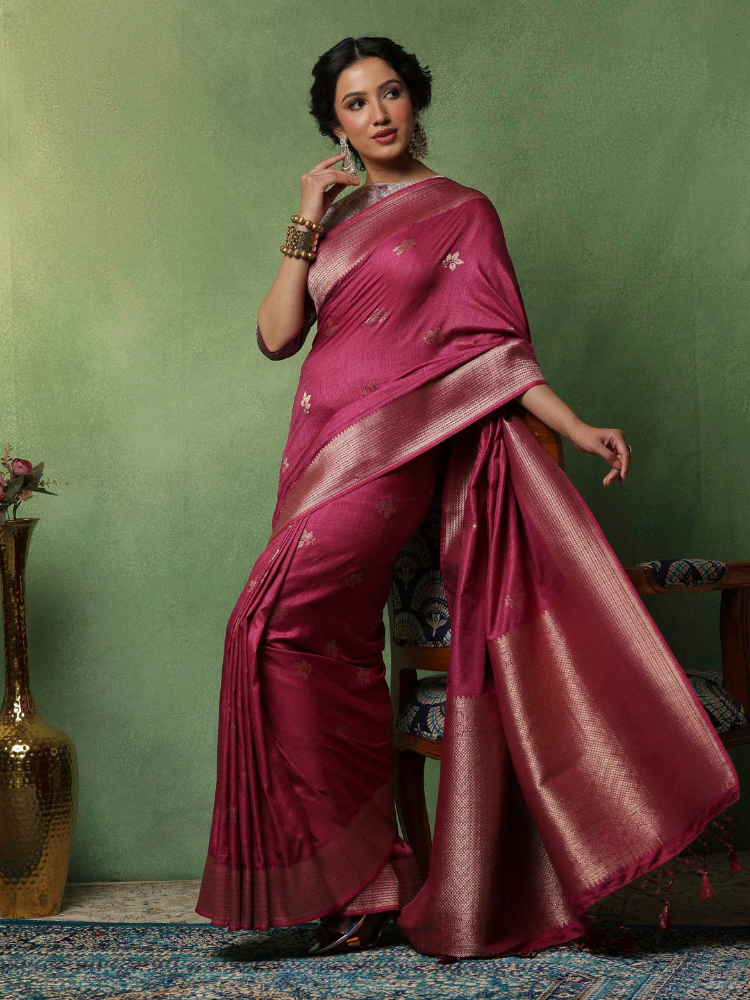Magenta Woven Design Art Silk Saree
