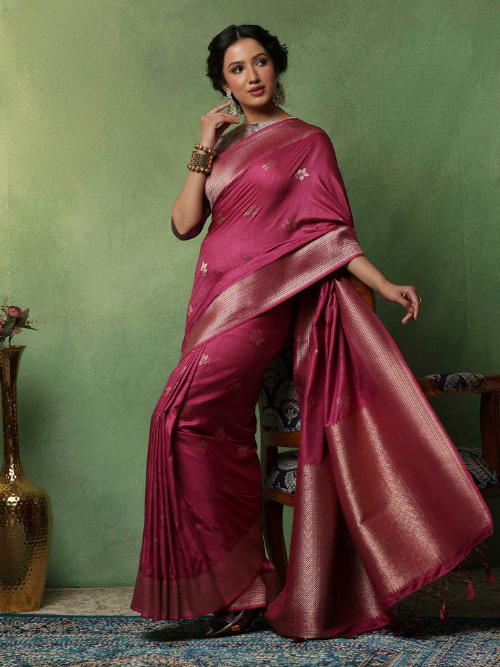 Magenta Woven Design Art Silk Saree