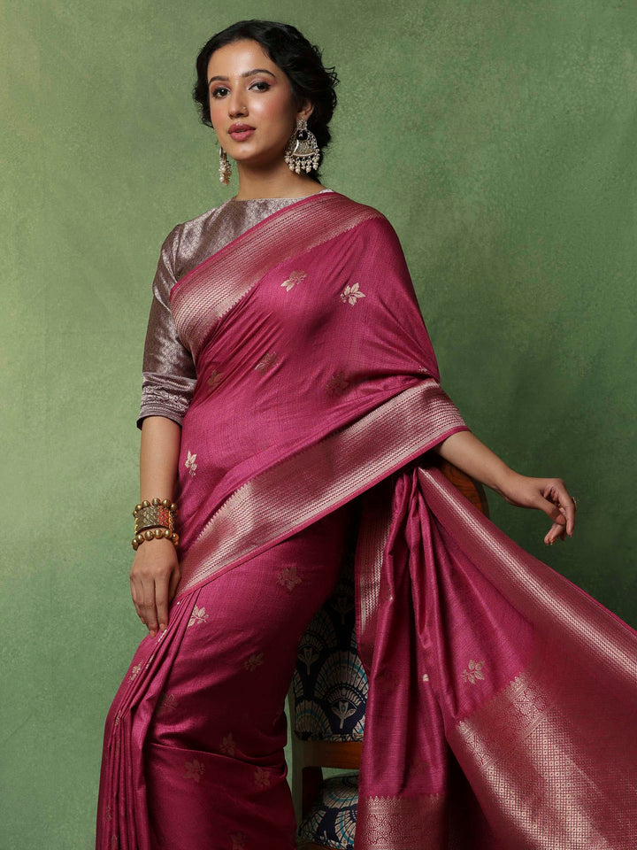 Magenta Woven Design Art Silk Saree