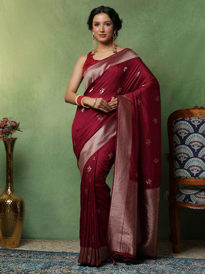 Wine Woven Design Art Silk Saree