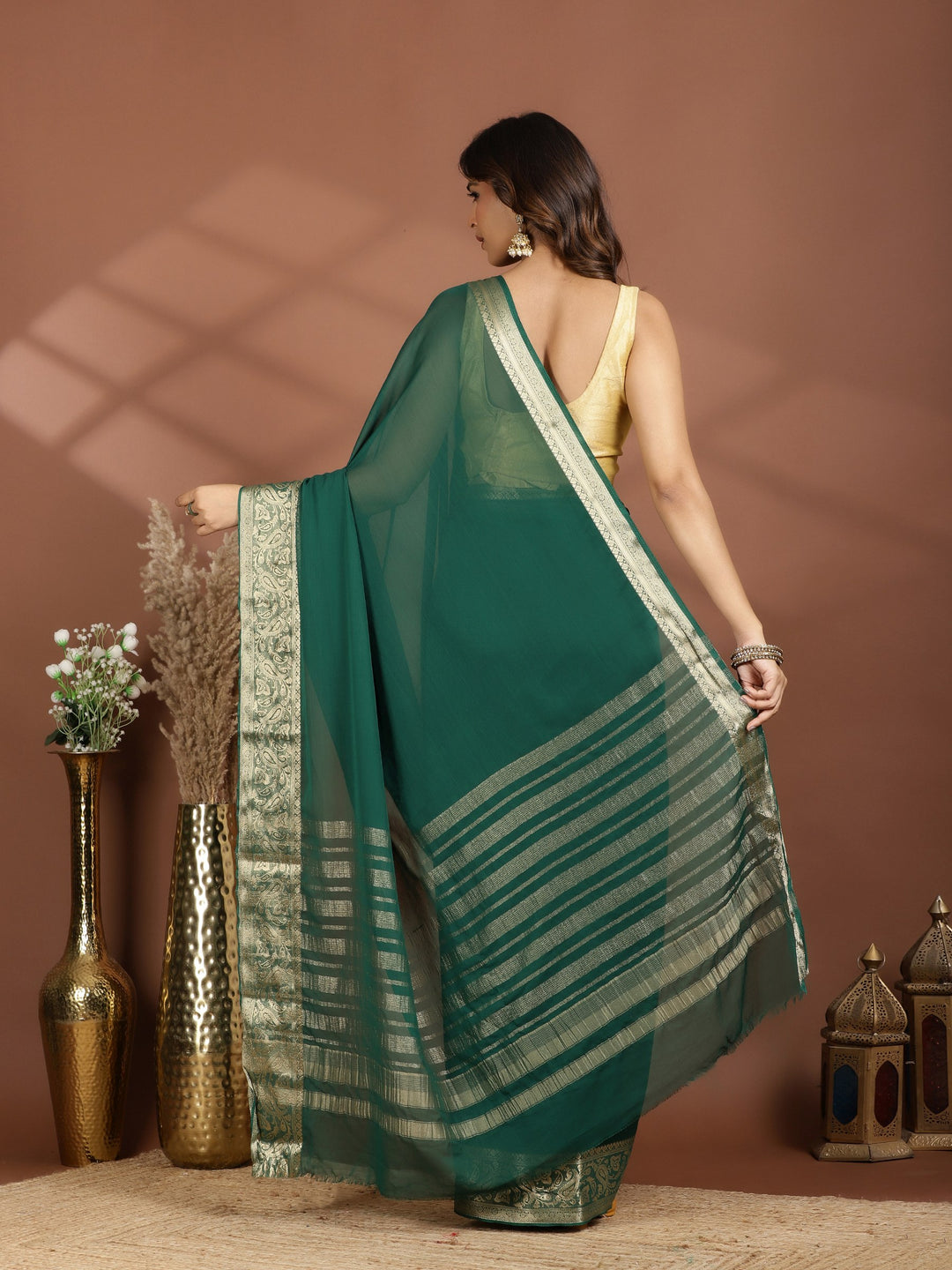 Bottle Green Zari Work Chiffon Saree
