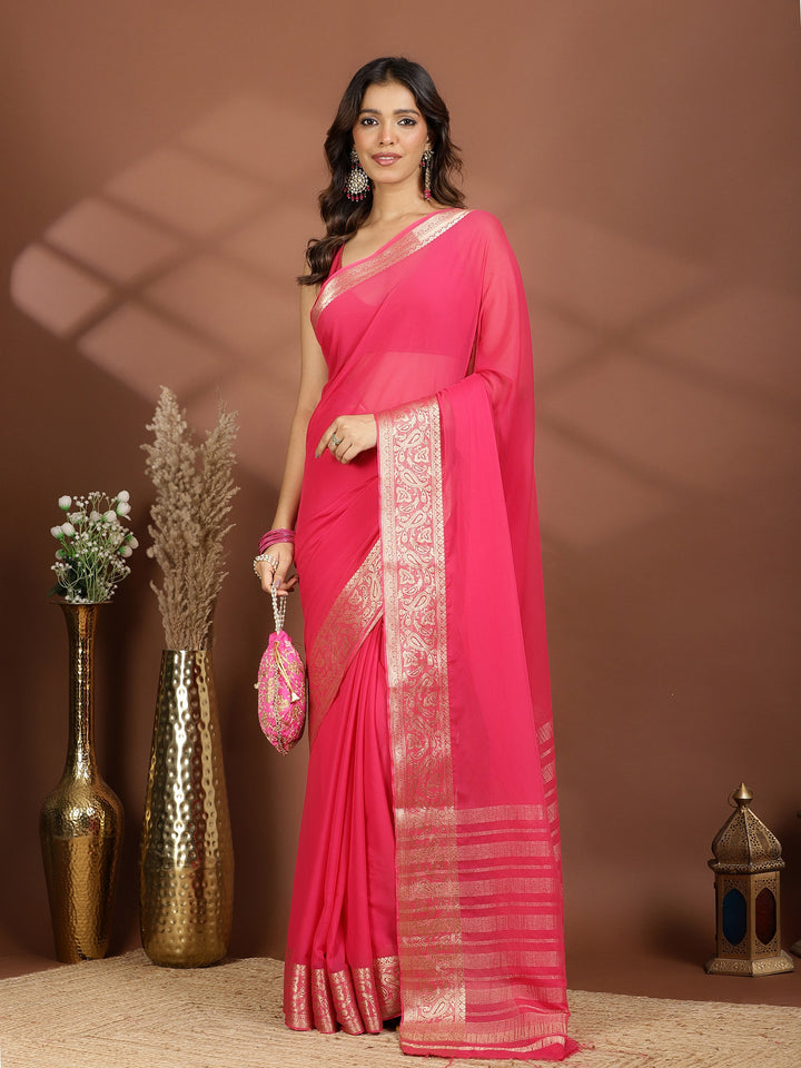 Rani Zari Work Chiffon Saree