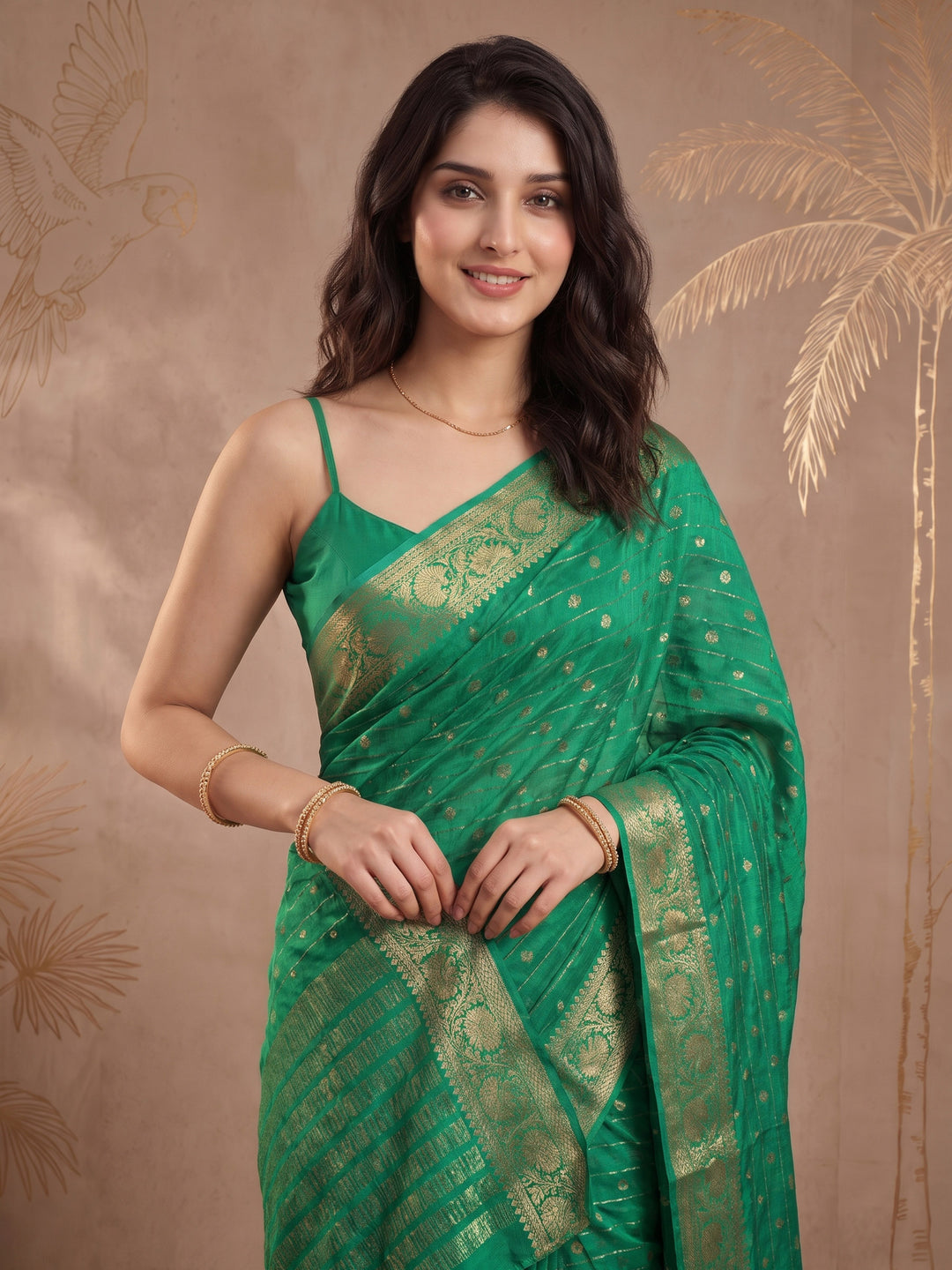 Green Zari Work Crepe Saree