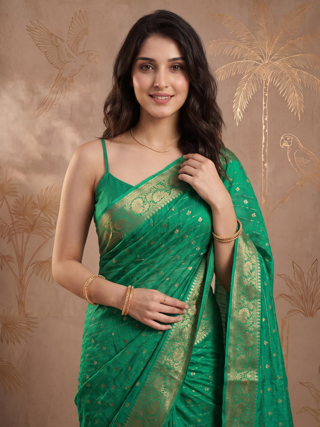 Green Zari Work Crepe Saree
