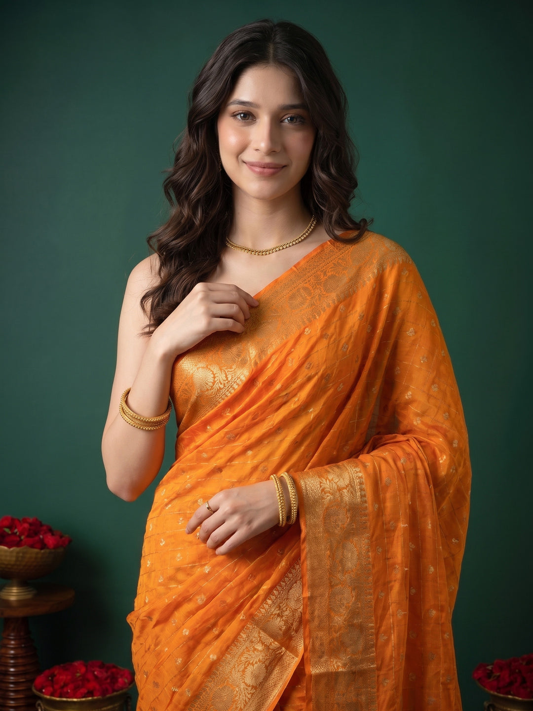 Mustard Zari Work Crepe Saree
